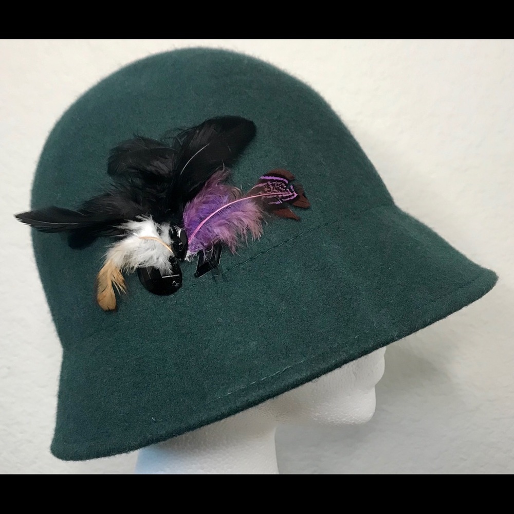 Green Wool Cloche Hat with Feathers and Gems
